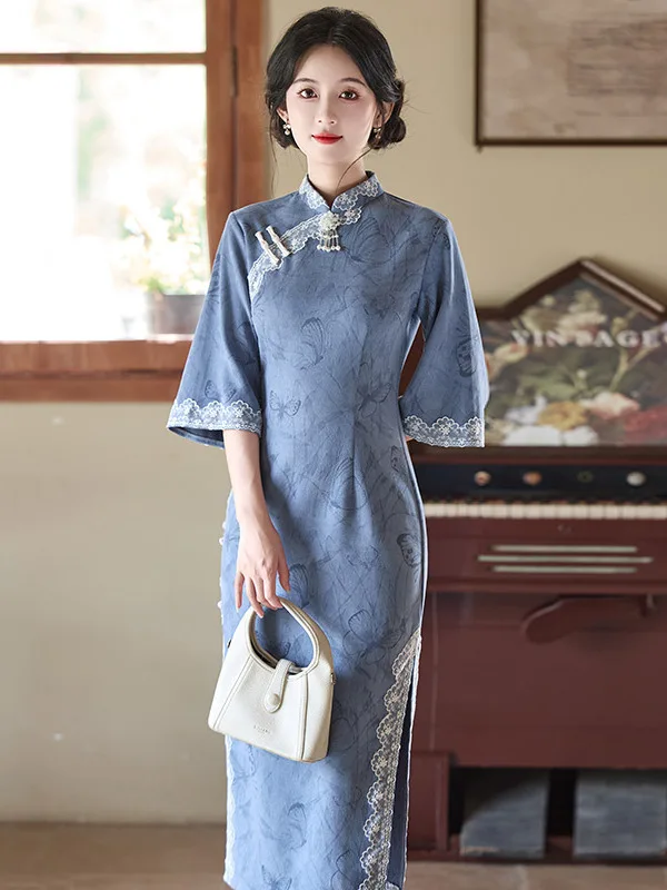 

Синее традиционное китайское длинное платье-ципао для молодых женщин, ретро-стиль, с завышенной талией, миди, из полиэстеровой смеси, летнее, новинка