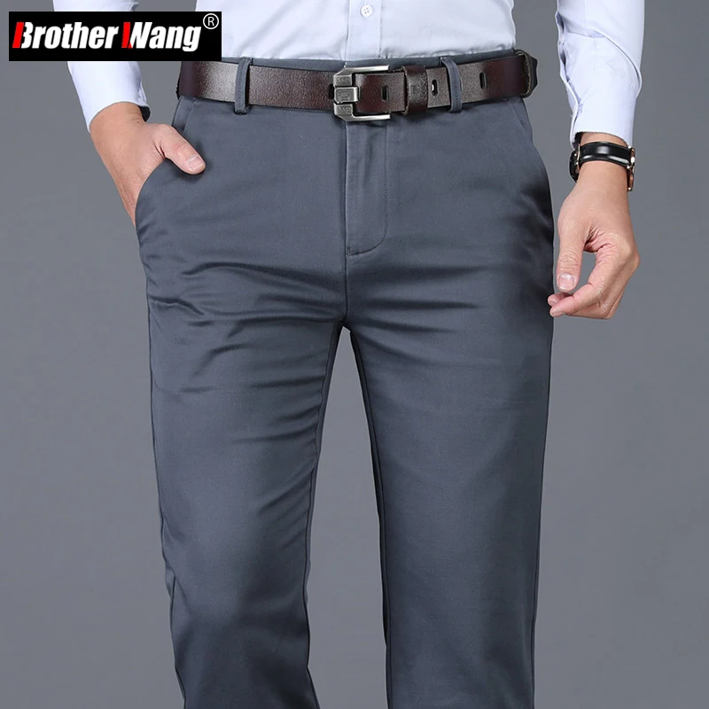 

Classic Style Autumn Men's Regular Fit Dark Grey Pants Business Fashion Thick Elastic Straight Brand Trousers Male