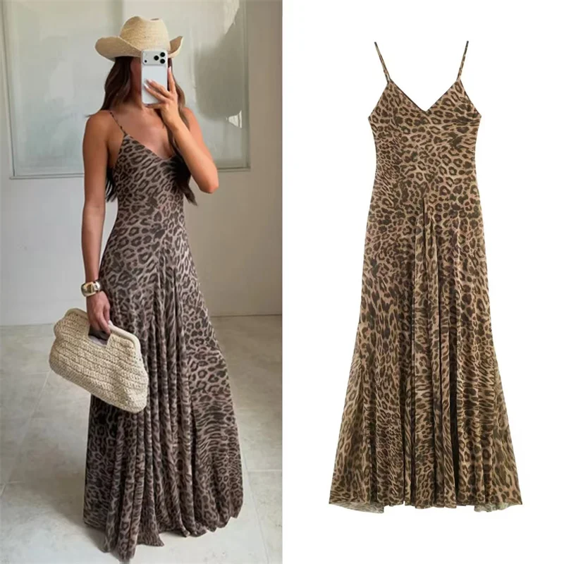 Nouvelle Robe d'été 2026 pour Femme, Imprimé Léopard, Bretelles Fines, Coupe Trapèze, Longueur Midi, Style Sexy, Tendance Sauvage et Individuel