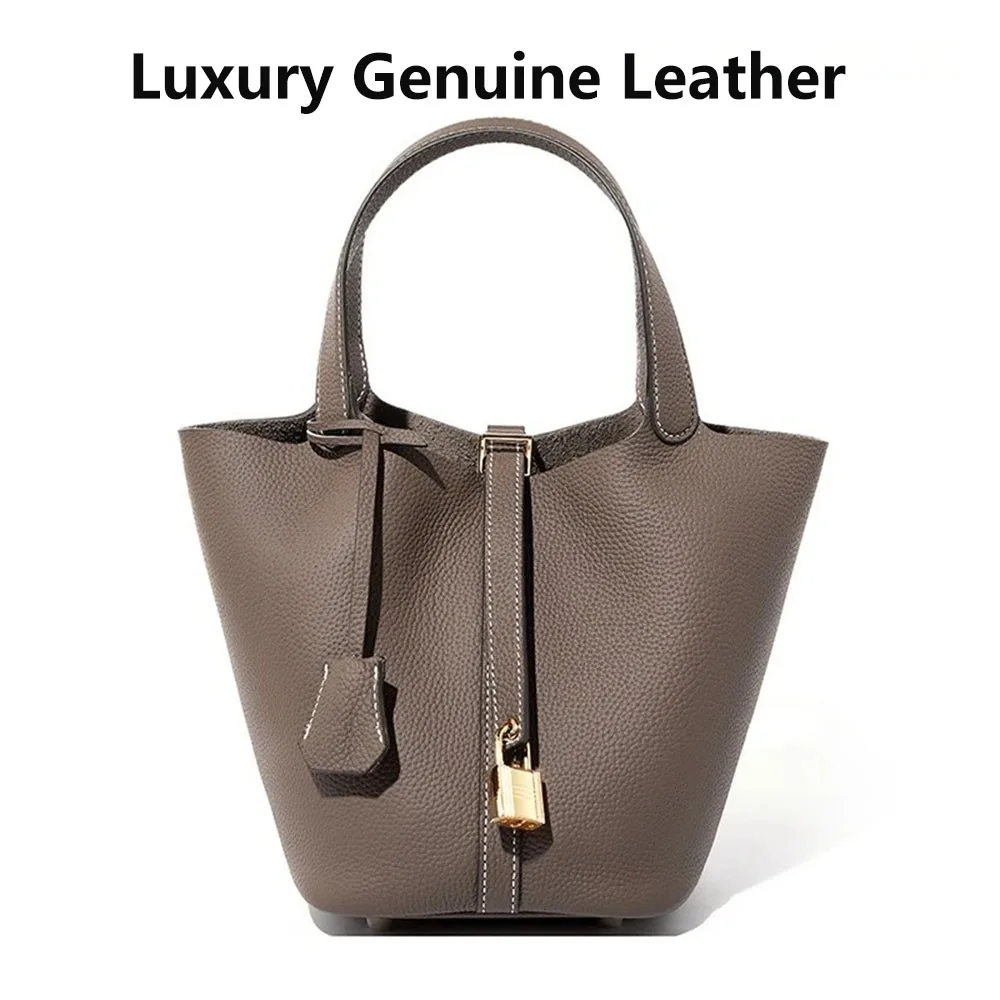 

Genuine Leather Shoulder Bucket Bag Classic Shopping Tote Bag Women Litchi Pattern Mini Basket Tote Soft Handbag with Lock