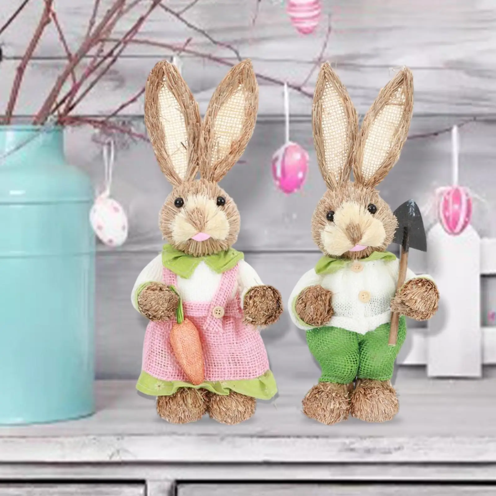Miniature Easter Bunny Hemp Thread Animal Statue Desk Decoration for Home Ornaments and Fairy Garden Accessories