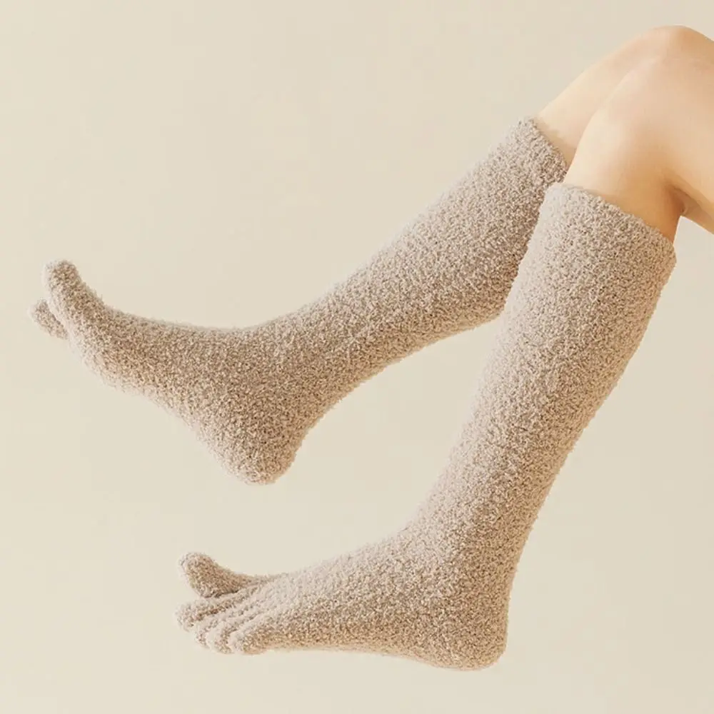 Coral Fleece Five Finger Stockings Thicken Warm Solid Color Split Toe Stockings JK Separate Toe Floor Plush Long Socks Autumn