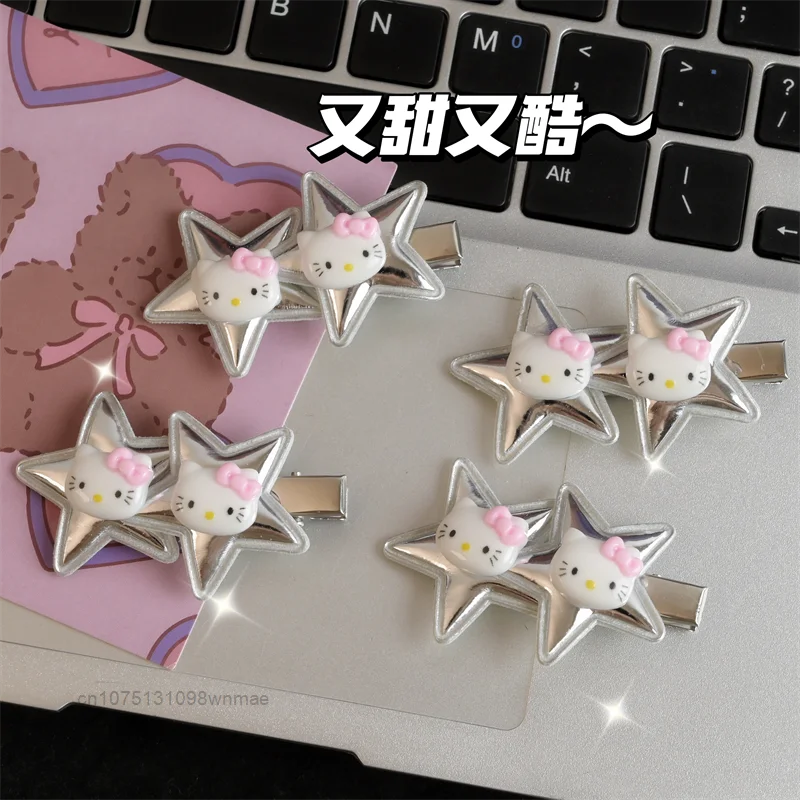 10 Pcs/Set Sanrio Hello Kitty Cute Silver Stars Shaped Hair Clips for Women Y2K Spicy Girl Sweet Hairpins Headwear Accessories