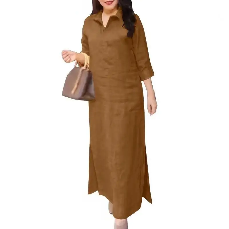 Femmes robe unie chemise col rabattu robes longues élégant décontracté robes amples droite bureau dames été