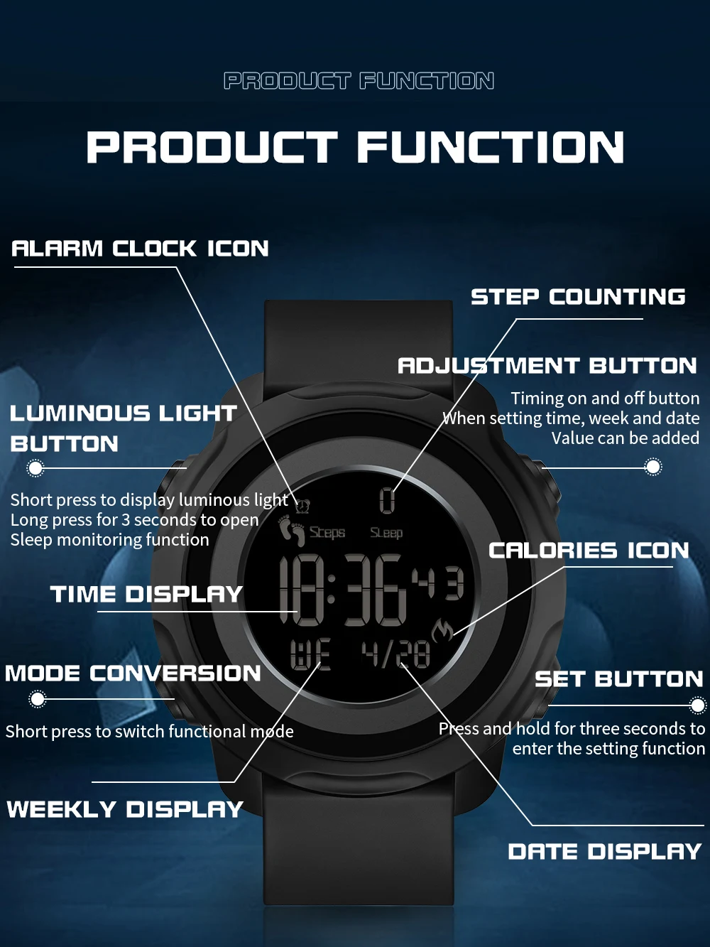 SANDA 2023New Step Calories Fashion Alarm Clock Men's Watch Glow Waterproof Shock Proof Sleep Monitoring Smart Men's Watch 6121