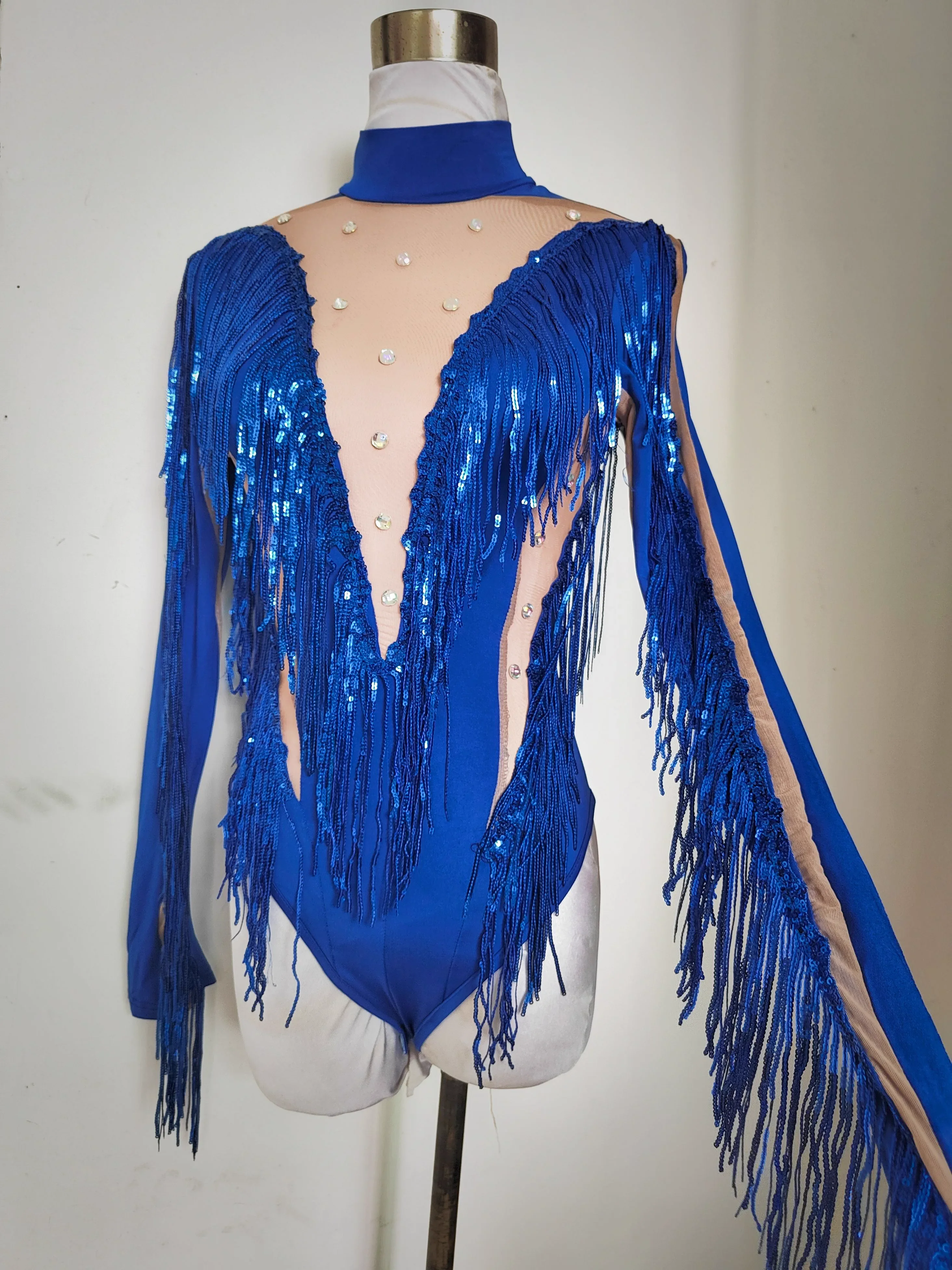 Blauwe pailletten kwastje strass bodysuit Latin pole jazzdans zangeres bar nachtclub sexy transparante DJ Gogo podiumkleding