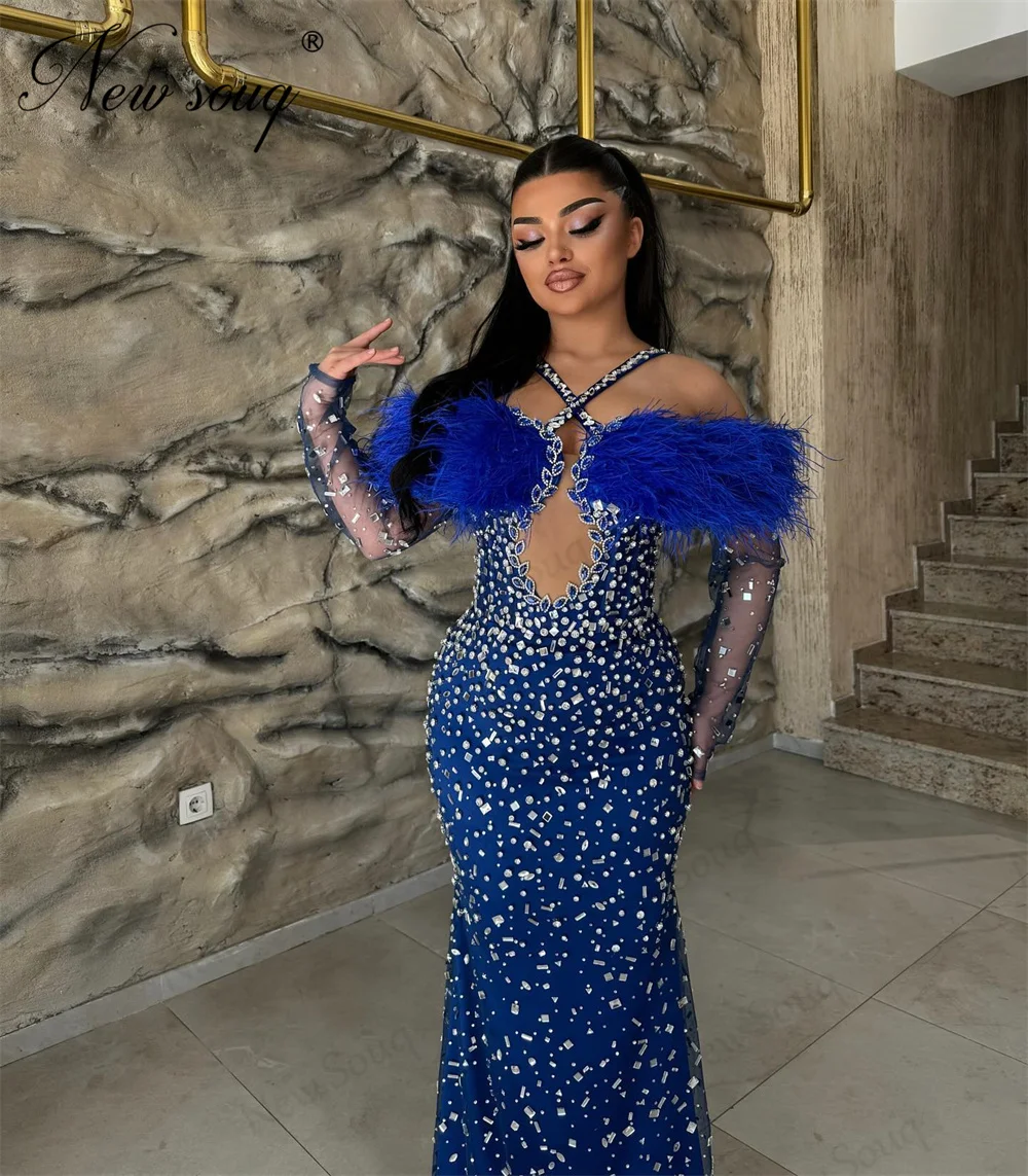 

Royal Blue Beading Evening Dresses Haute Coutures Feathers Off Shoulder Women Prom Dress Vestidos De Noche 2024 Dubai Party Gown