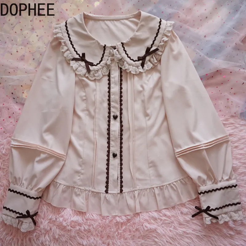 Japanese Spring Summer Lantern Long Sleeve Blouses Cute Bow Love Single-breasted Lace Peter Pan Collar Lolita Shirt Sweet Top