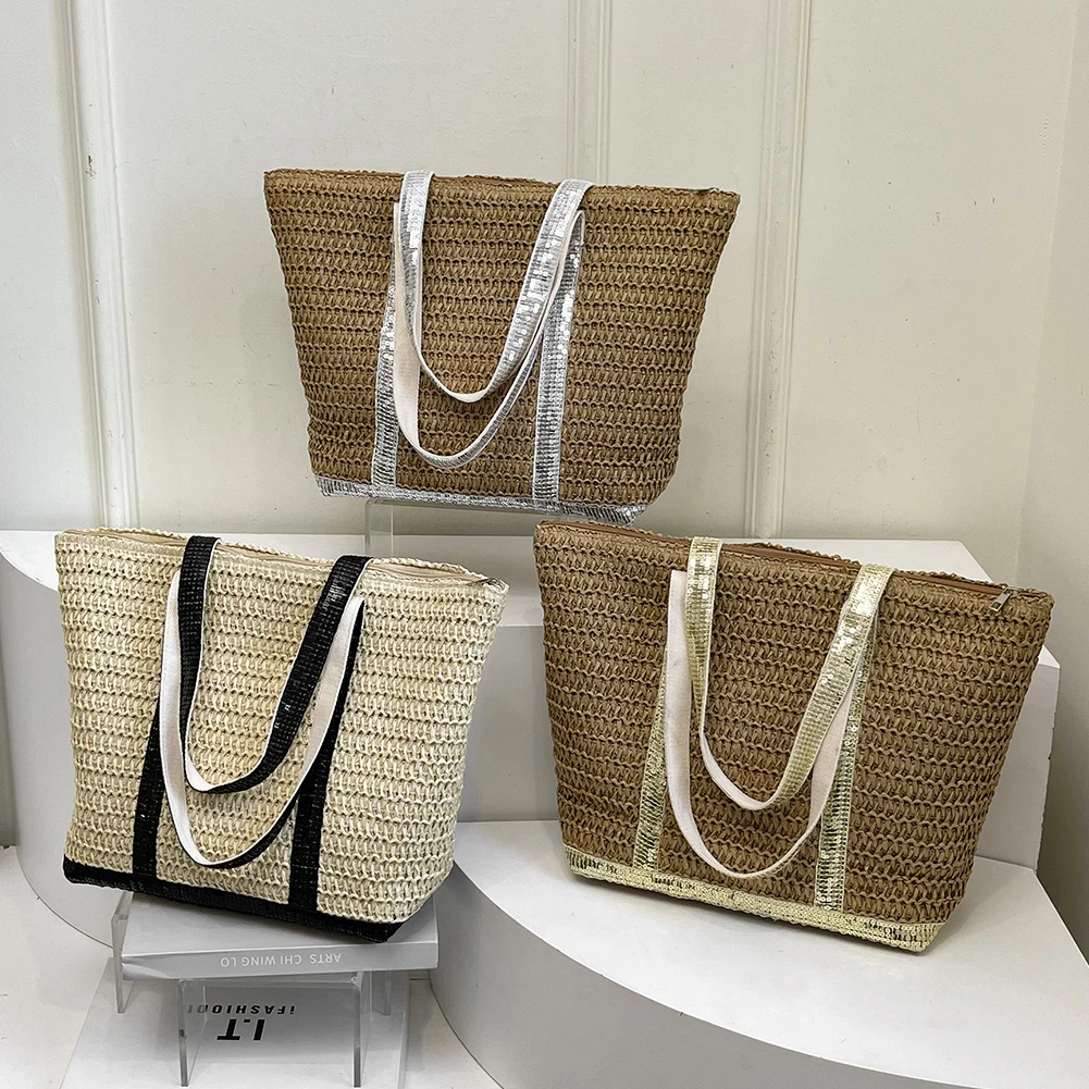 

Women Crochet Beach Handbag Large Capacity Sequins Simple Shoulder Bag Contrast Color Minimalist Tote Bag Female Woven Bag