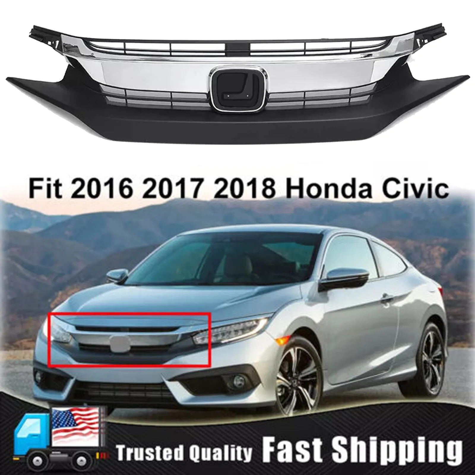 

Fit For 2016-2018 Honda Civic 10th Front Bumper Upper Grill Mesh Grille Chrome