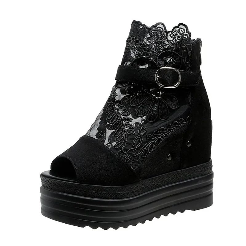 Sommerliche Plateau-Sandalen mit Kristallschnalle für Damen, coole ZIP-Stiefel, 10 cm Keilabsatz, höhenvergrößernd, Peep-Toe, atmungsaktive Schnürschuhe