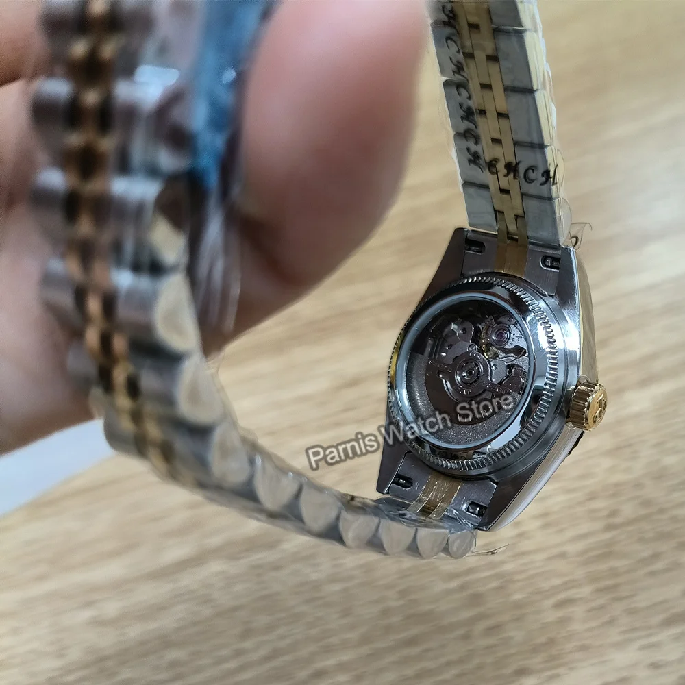 Parnis 26mm Silver Gold ผู้หญิง Sapphire คริสตัล Miyota6T51 อัตโนมัตินาฬิกาข้อมือสแตนเลส Jubilee สร้อยข้อมือ