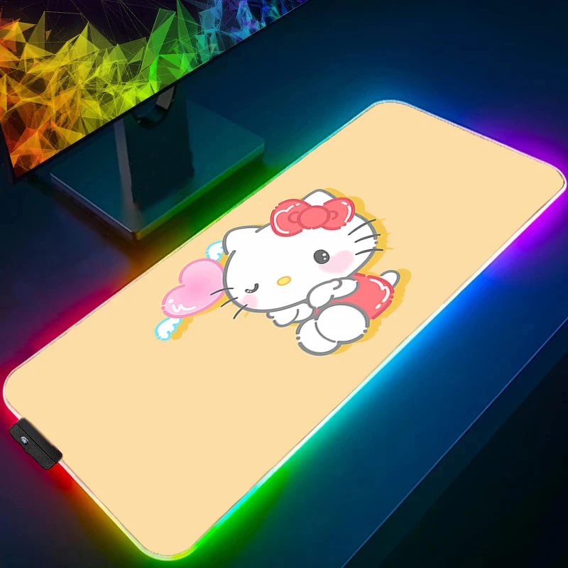 لوحة ماوس LED Hello Kitty Edge White Gamers Decoracion Gamer Desk Mat RGB Mousepad XXL ملحقات الألعاب حصيرة لوحة المفاتيح بإضاءة خلفية #4