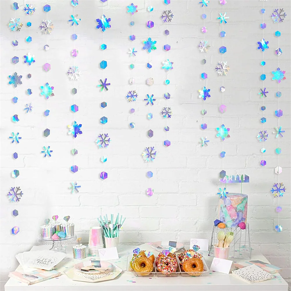 Christmas Hanging Snowflakes Decorations 4pcs 3D Iridescent Paper Snowflakes Garland For Winter Wonderland Christmas Party Decor