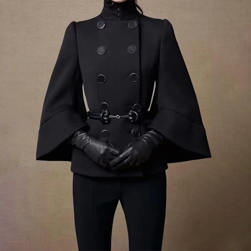 

Black Short Jackets Coats Women Long Flared Sleeves High Neck England Style Coats Female Double Breasted Spring Autumn Outerwear