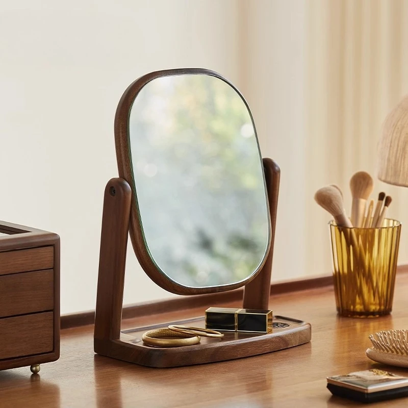 Simple desktop makeup mirror, solid wood rotating desktop mirror