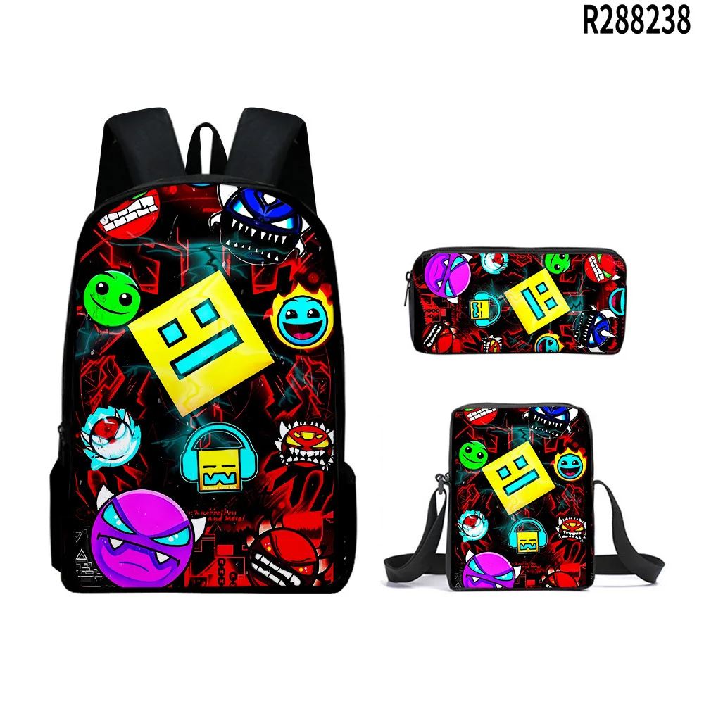 Cartoon Novelty Geometry Dash 3D Print 3pcs/Set pupil School Bags Laptop Daypack Backpack Inclined shoulder bag Pencil Case
