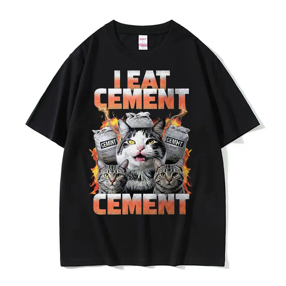 I Eat Cement Cursed Cat Funny Meme Tee Shirt Men Women Vintage Gothic Oversized T-shirts Casual Cotton Short Sleeve T Shirt Tops