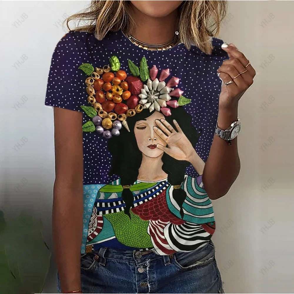 Women's Abstract T-Shirt Summer New Portrait Crew Neck Basic Shirt colorful 3D Printing Women's Fashion T-Shirt Y2k Tops