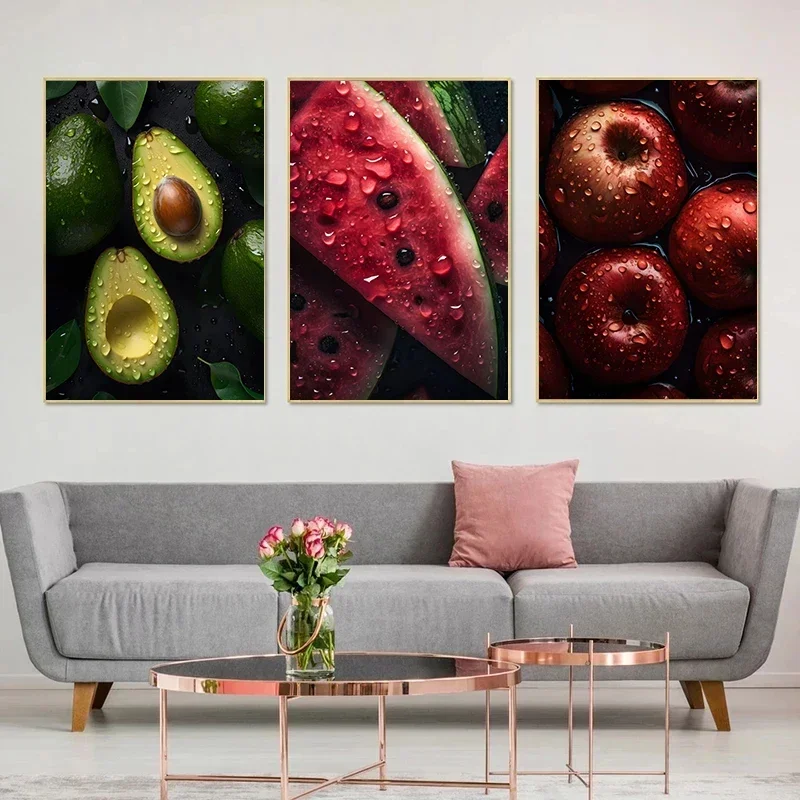 Wall Art Canvas Painting Fresh Fruit Apple Avocado Lemon Cherrie Colorful Kitchen Delicious Food Picture Restaurant Home Deco