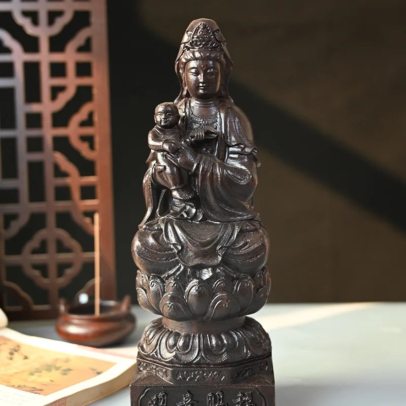 HYS agarwood send child Guanyin handicrafts solid wood home Buddha wood carving ornament Wenwan gift offering ornament