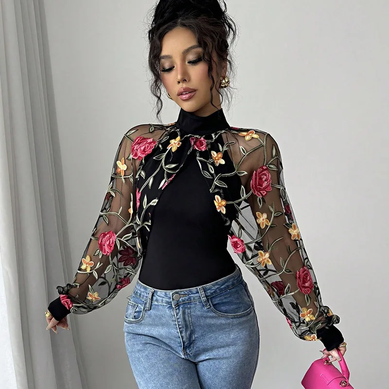 

Women T Shirt Embroidered Flower Top Mesh Patchwork Turtleneck Sexy Tops Vintage Blouse Tees Spring Autumn Office Lady 2026