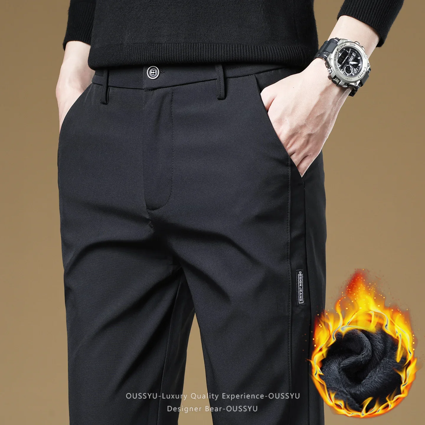 2026 New Winter Warm Lightweight Fleece Pants Men Korea Style Elastic Waist Classic Outdoors Work Black Slim Casual Trouser Male