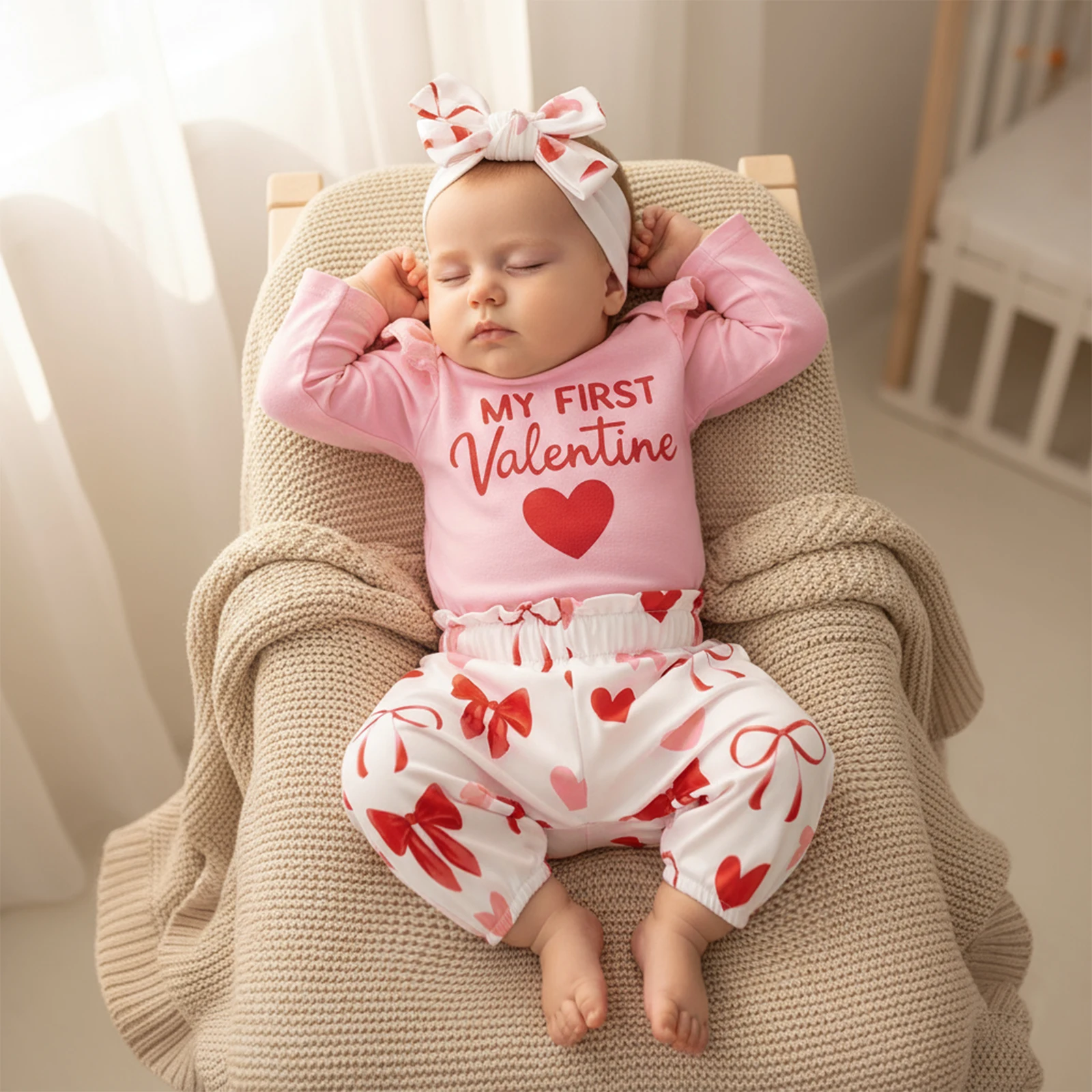 

Valentine's Day Baby Girls 3 Piece Outfit Long Sleeve O Neck Letter Heart Bow Print Jumpsuit Headband Elastic Waist Pants Set