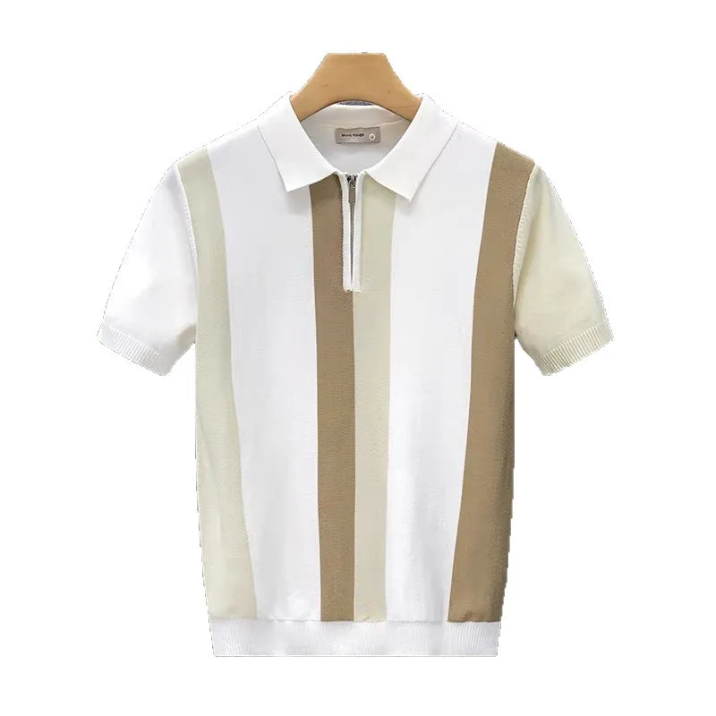 POLO shirt lapel short-sleeved knitted sweater men's half zipper color blocking British business