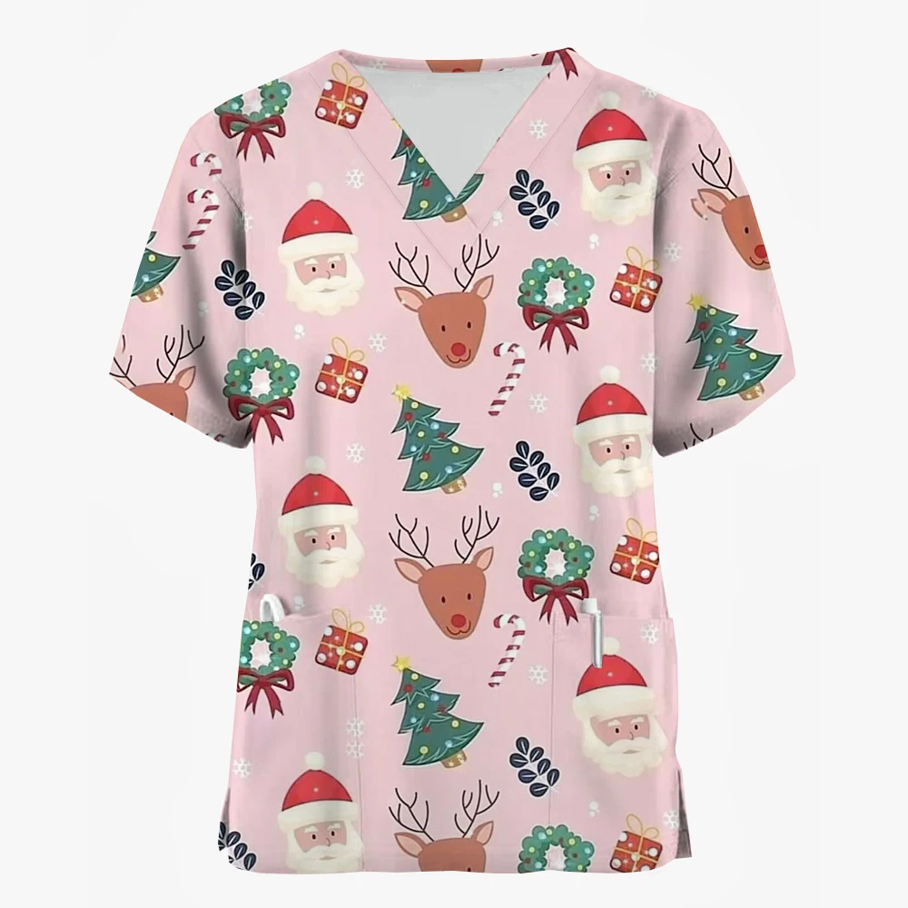 Christmas Medical Scrubs for Women Cartoon Pattern Print Dental Nurse Tops Fashion V-Neck Short Sleeve Clinical Uniform Woman