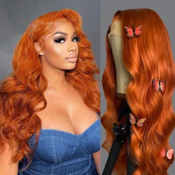 Peluca de cabello humano ondulado con encaje Frontal, pelo Remy natural transparente, color naranja jengibre, 13x5, HD