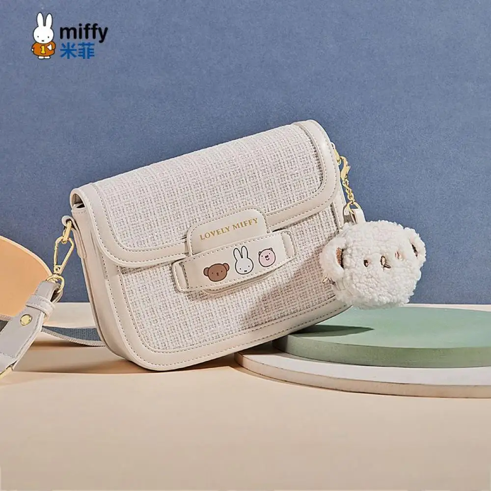 

Miffy Checkered Crossbody Bag With Plush Bear Charm Fashion Small Shoulder Bag For Women Cute Cartoon Daily Bag