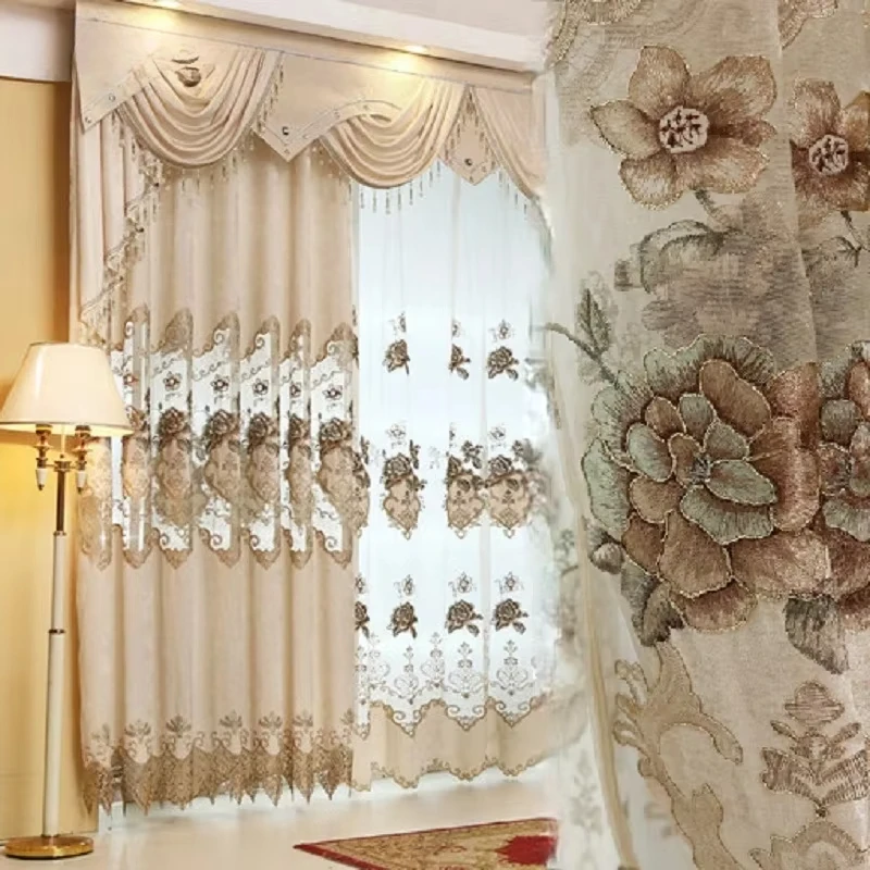 European Curtains for Living Dining Room Bedroom Luxury Embroidery Beige Chenille Cutout