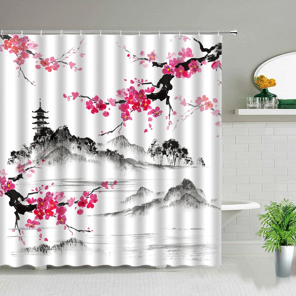 Chinese Style Flower Bird Shower Curtains Waterproof Home Bathroom Curtain 3d Landscape Printed Fabric With Hooks Bathtub Decor