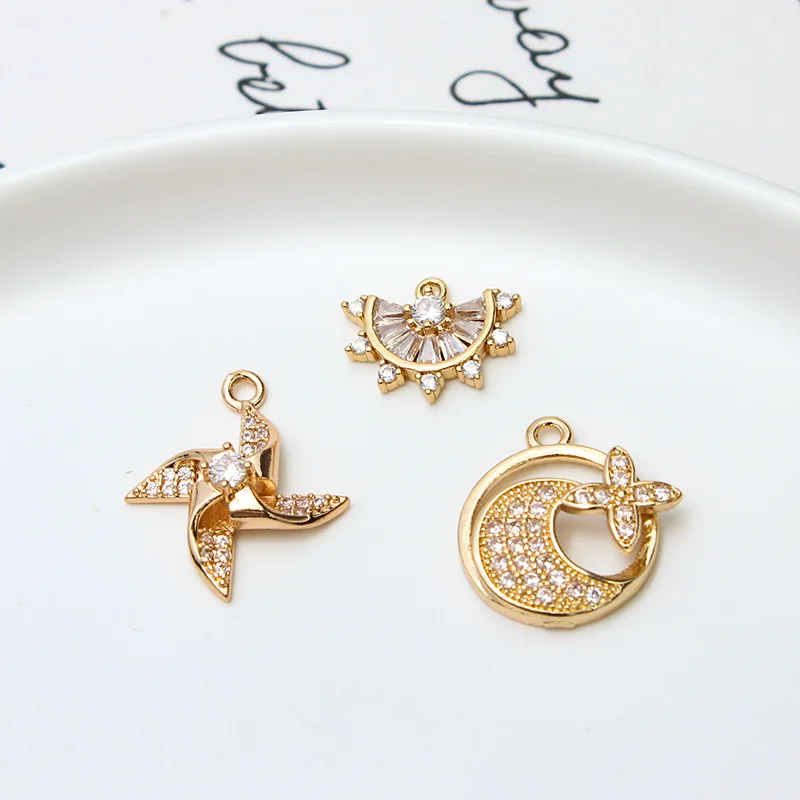 1pcs Diy Jewelry Accessories Copper Zircon Pinwheel Fan-shaped Lotus Flower Double Pendant Earrings Necklace Material Charms