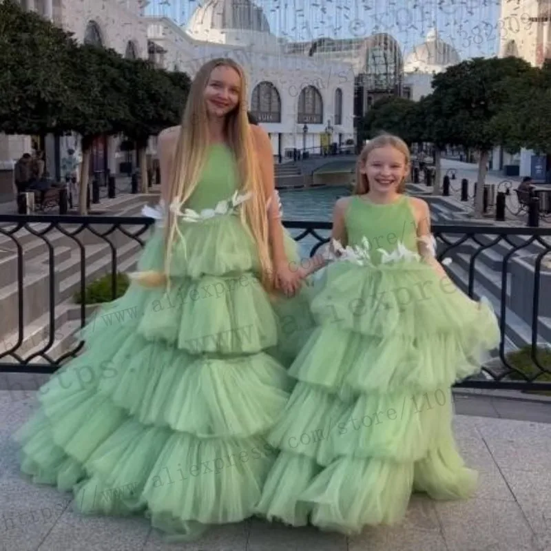 Vestido verde claro Ruffles, Mãe e filha sem mangas, Tule fofo, Mamãe e eu vestido, Sessão fotográfica ou férias