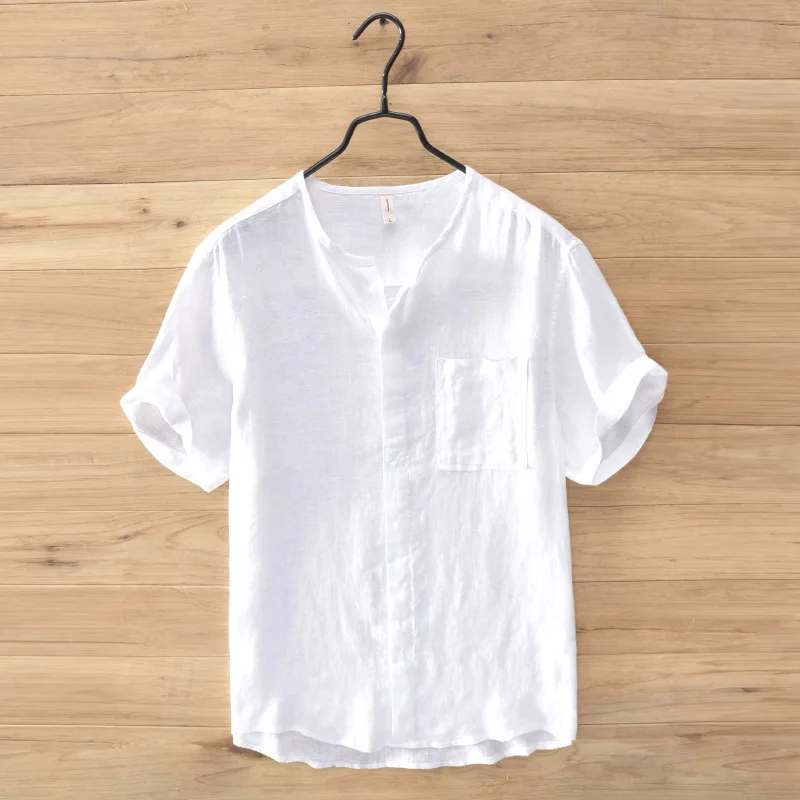 

Casual ort Sve Men's Linen irt Stand Collar Versatile Basic Dad Clothes Youthful Sle Loose Fit Daily Wear