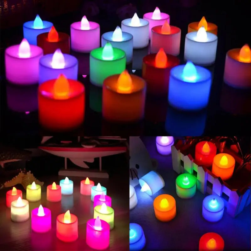 Velas Flameless LED coloridas, operadas por bateria, Tealight, casamento, luzes de decoração de aniversário, velas falsas eletrônicas, 12pcs