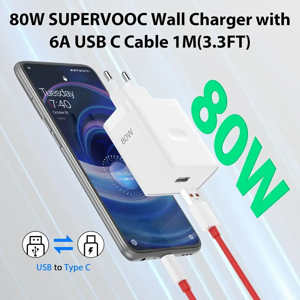 80W For OnePlus 9 10 Pro 11 12 13 15 Super Fast Charger For Nord 2 3 4 5 OPPO Reno 12 13 Realme GT 5 6 7 Type C USB Charge Cable