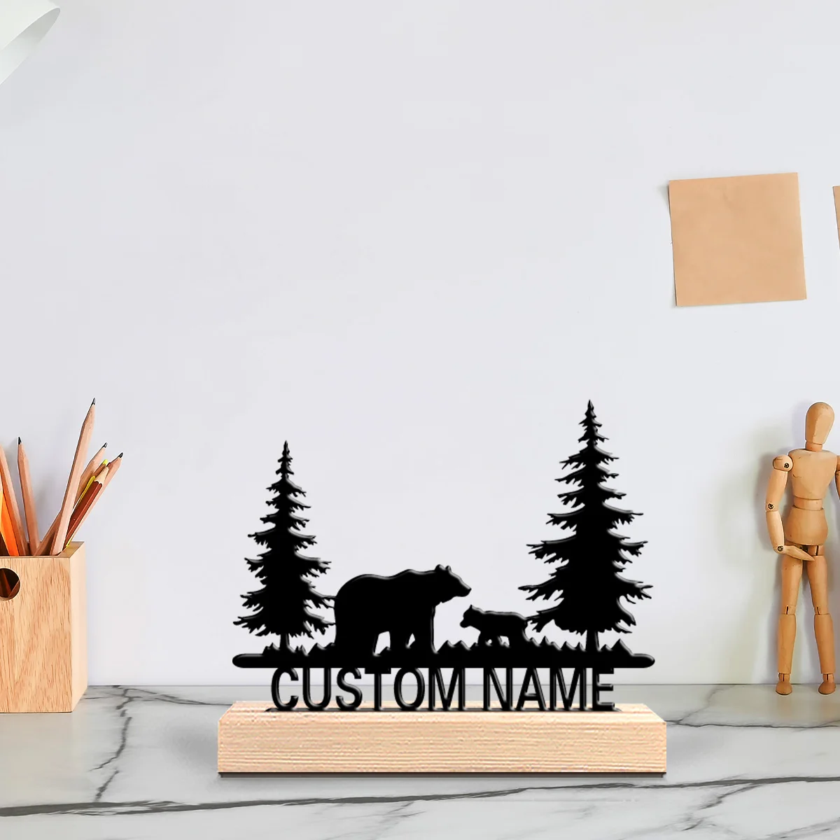 1pc Fashion bear Personalized Text Metal Statue Iron Ornament Art Crafts With Wood Base Iron Ornament For Office Room Decor
