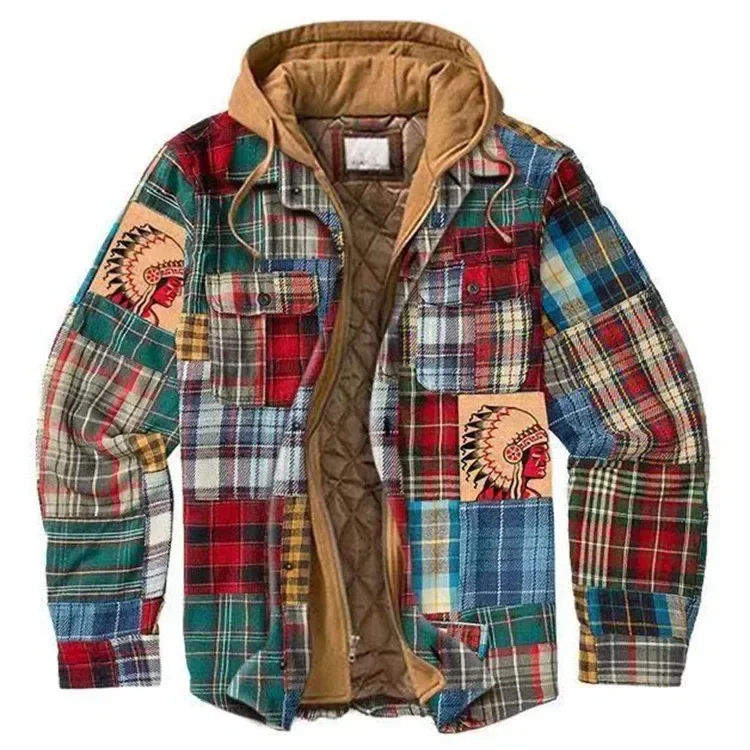 Men Winter Jackets Harajuku Plaid Shirts Coats Hooded Zipper Long Sleeve Basic Casual Shirts Jackets European Style Size S-5XL