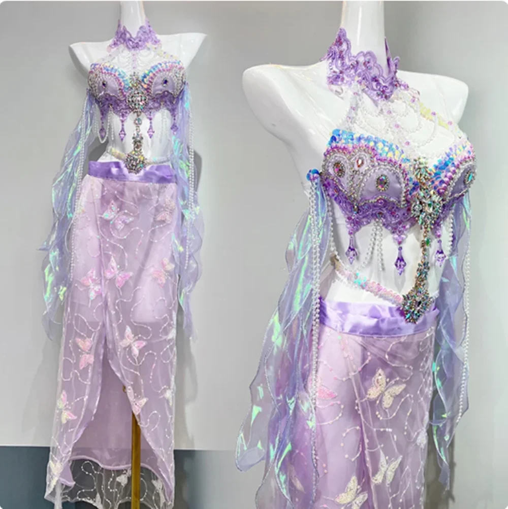 Purple Crystal Bikini Sexy Pole Dance Costume Clubwear Nightclub Gogo Dancer Performance Outfit Belly Dance Clothing