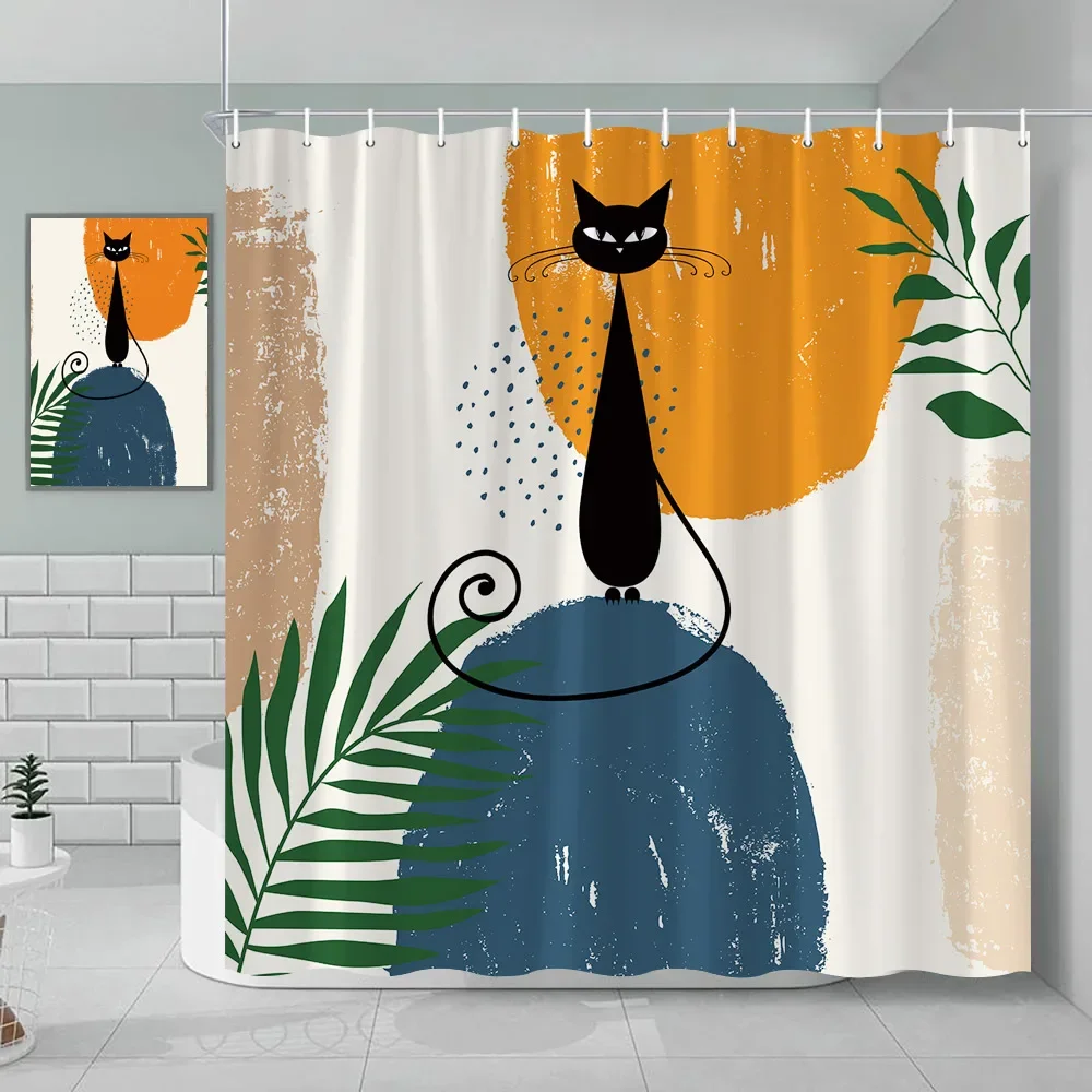 Bohemian Shower Curtain Cat Romantic Mid Century Modern Minimalist Abstract Lines Geometric Tropical Plants Bathroom Decoration