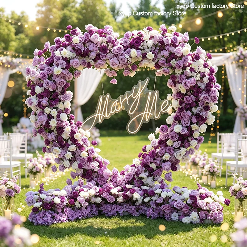 Lila-weißer Rosen-Herzform-Kunstblumenbogen, luxuriöser Hochzeitshintergrund, Blumen-Deko für Verlobungsfeier und Fotobox – Detail 2