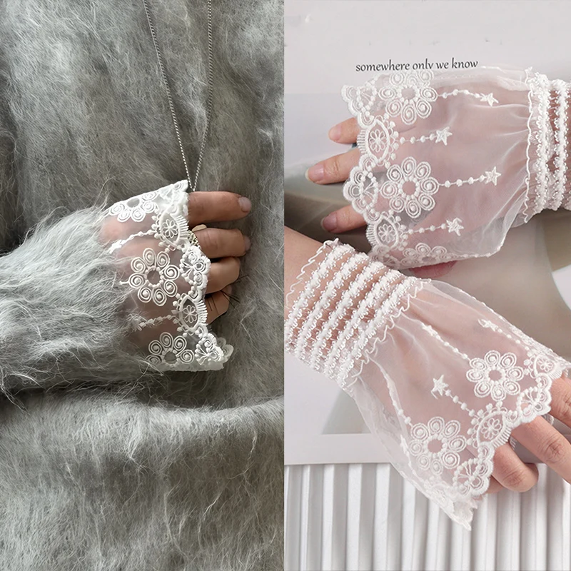 Съемные манжеты, женский свитер, искусственные рукава, вязаные крючком, кружевные манжеты с цветочным принтом, роговые манжеты, вышивка, воланы, рукава с оборками