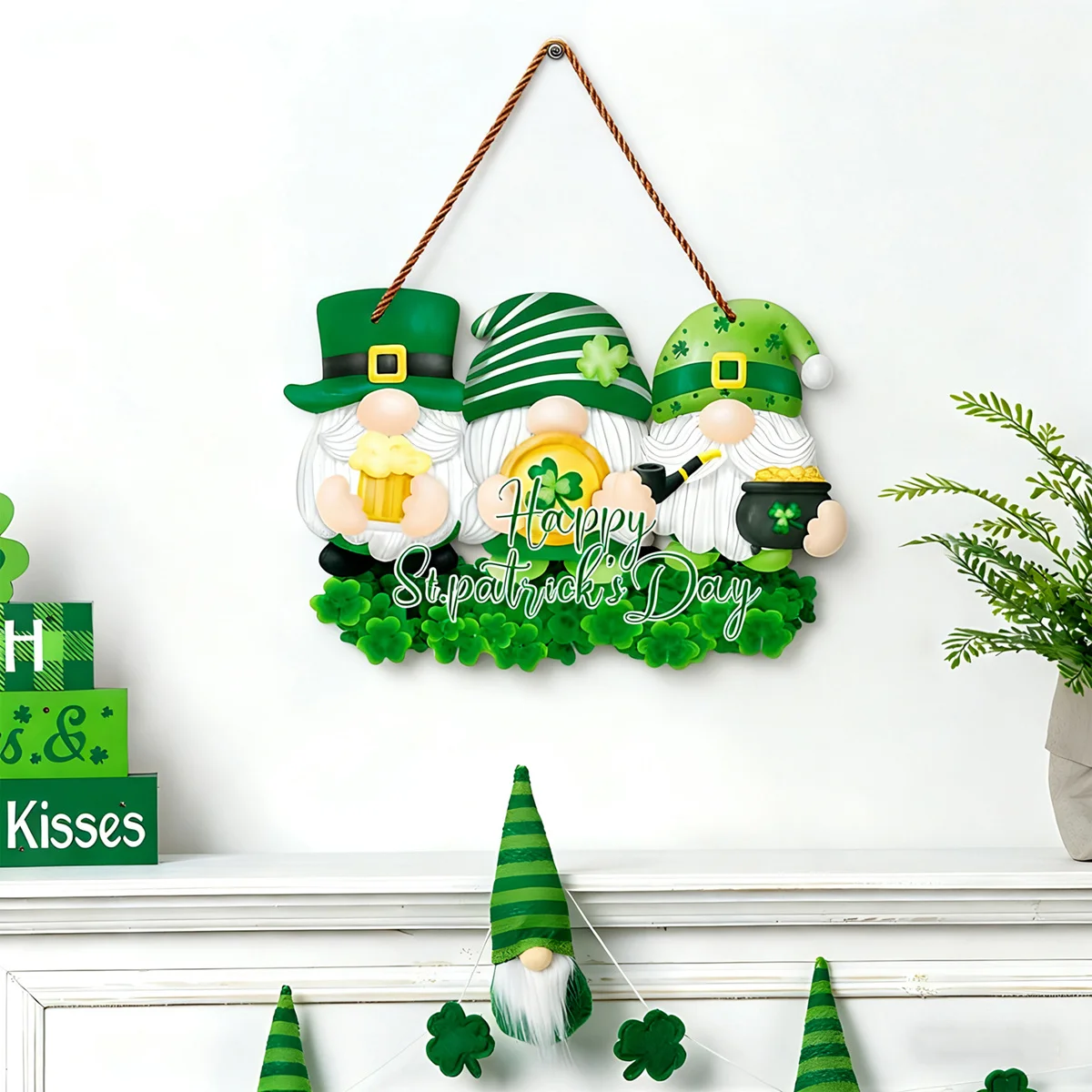 Hölzernes Irland-Kleeblatt-Willkommensschild, Kleeblatt-Türhänger mit grünem Zwerg, St. Patrick's Day, Party-Dekoration, Festival-Zubehör