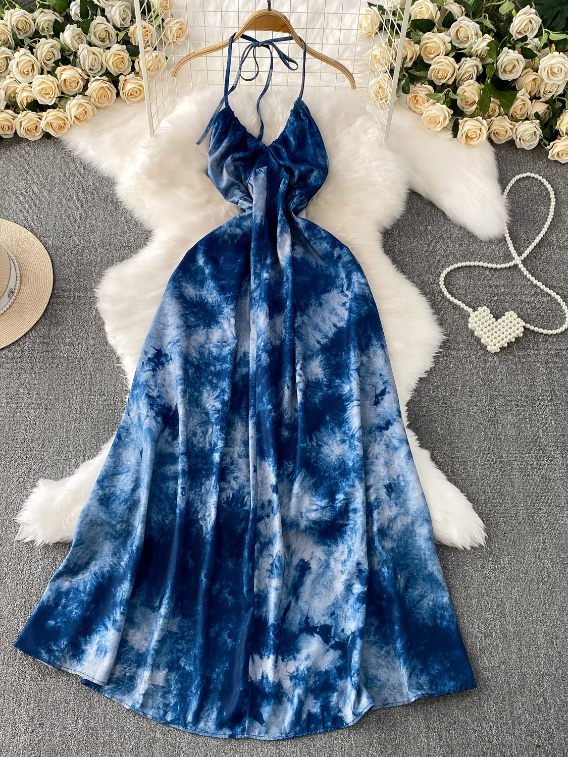 Vestido de Playa con Estilo Vacacional, Sexy, sin Espalda, con Cuello en V, Estampado Tie-Dye, E, para Mujer, Verano