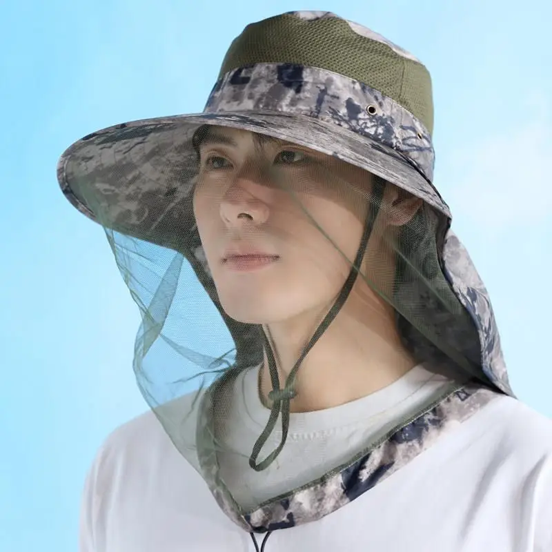 Unisex Beekeeping Sunshade Fishing Hat Large Brim UV Protection Mesh Face Mask Outdoor Travel Cap for Men And Women