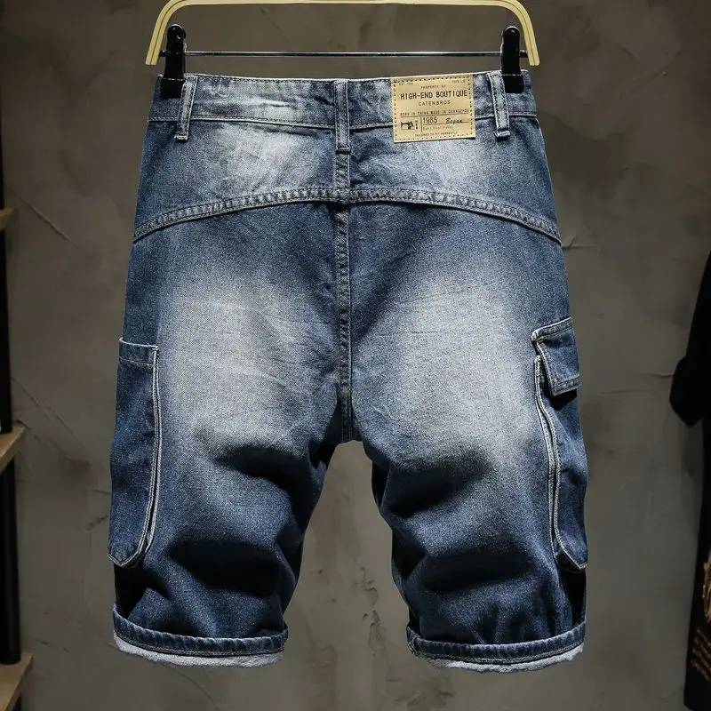 New Jeans Kpop Trendy Ripped Denim Knee-length Washed Casual Summer Denim Knee Length Jeans Holes Loose-fitting Shorts for Men