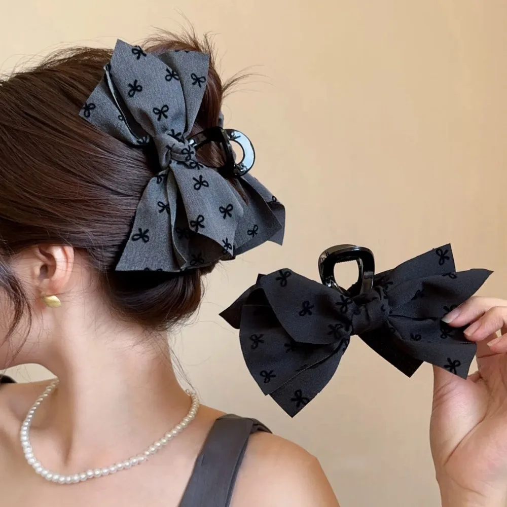 

Headwear Silk Ribbon Grey Cloth Shark Clip Satin Embroidery Bow Hair Clip Black Pearl Autumn Winter Hair Accessories School